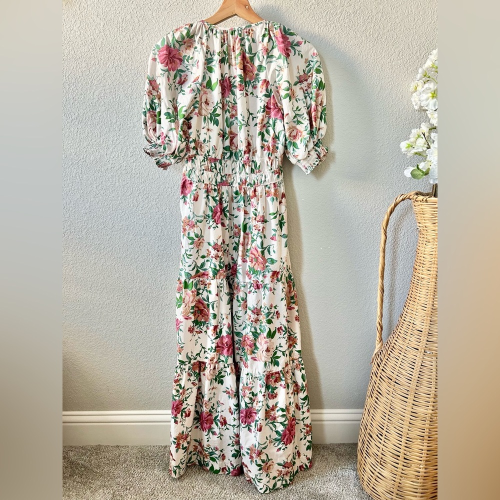 Anthropologie Somerset Puff Sleeve Dress Size XS Pink Rose Floral Maxi Tiered - Picture 5 of 7